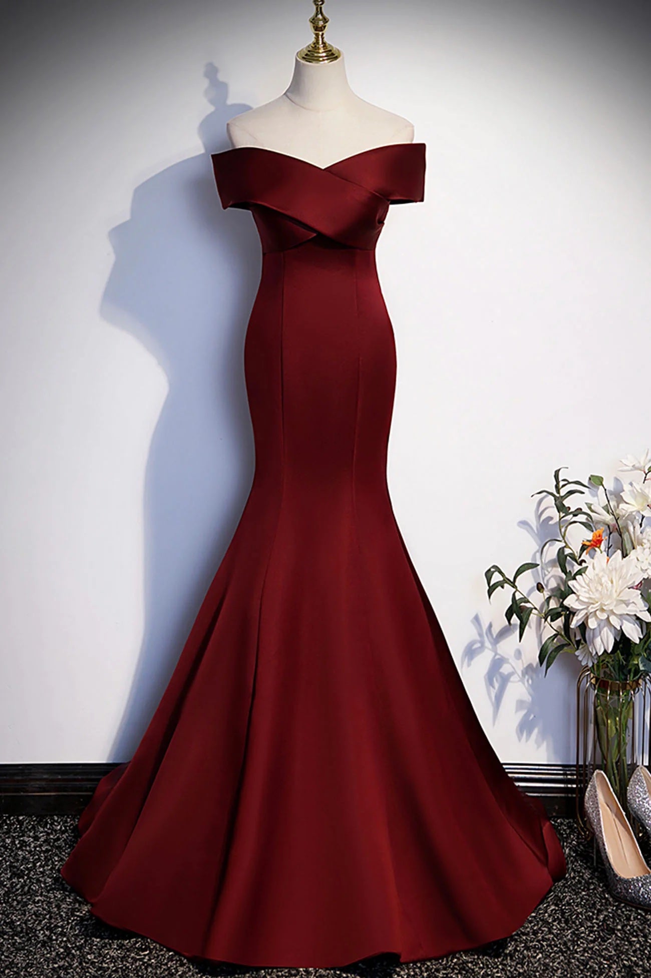 Burgundy Floor Length Off Shoulder Tulle Mermaid Formal Prom Dress with Bow