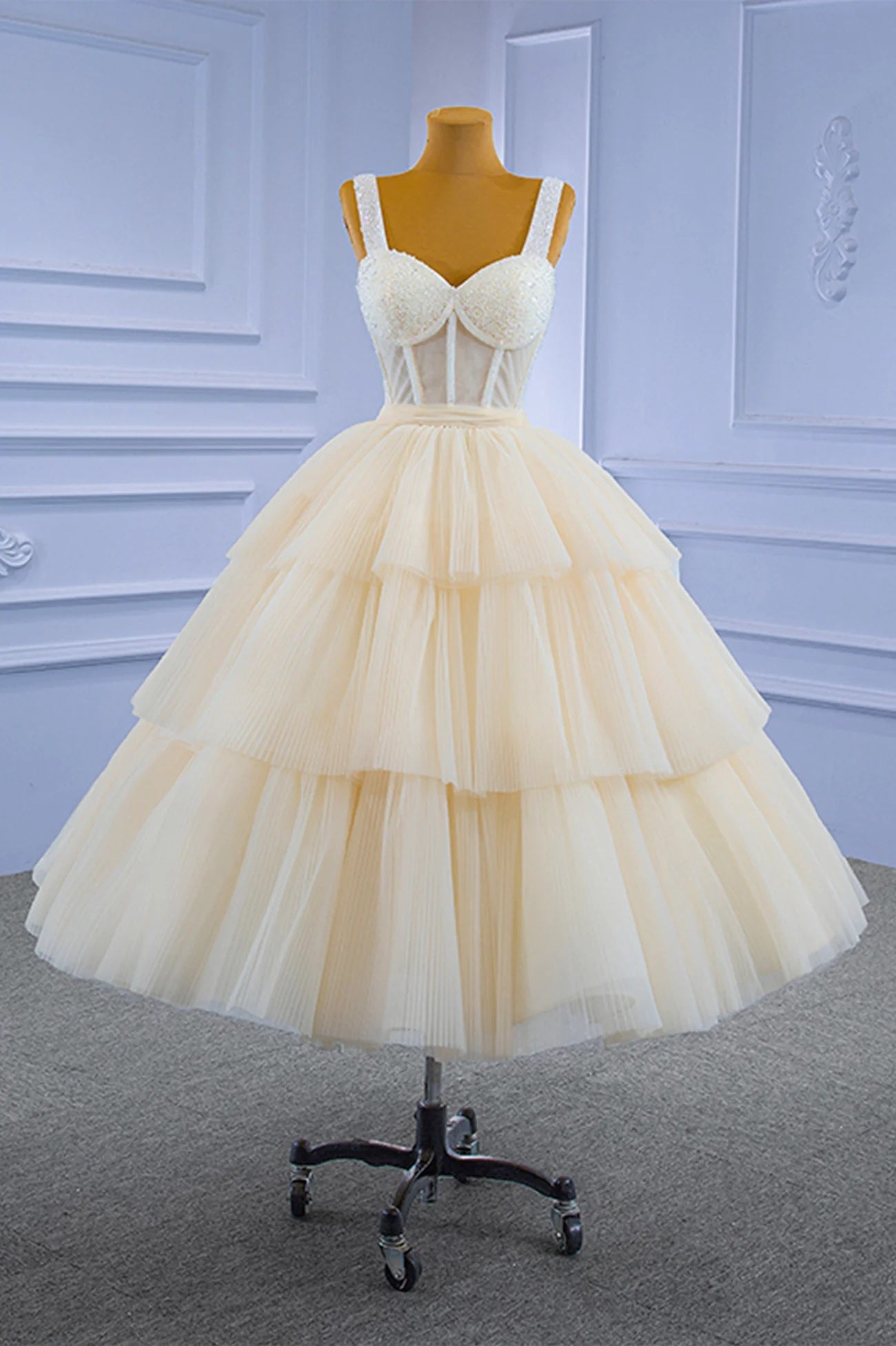 Champagne Tulle Straps Tiers Beading Short Prom Dress Luxury Inlaid Striped Pattern Evening Party Dress