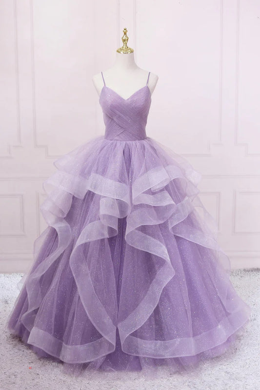 Lilac V-Neck Layered Glitter Tulle Prom Dress Spaghetti Strap Floor Length V-Neck Evening Party Dress