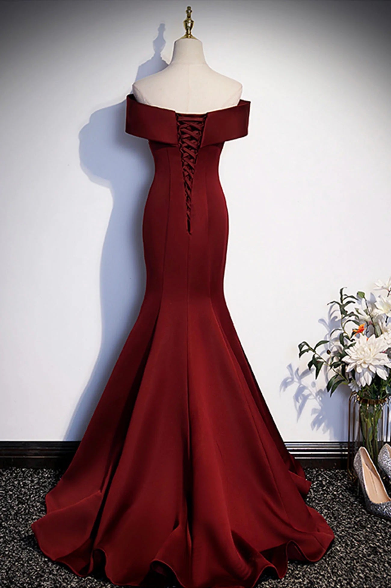 Burgundy Floor Length Off Shoulder Tulle Mermaid Formal Prom Dress with Bow