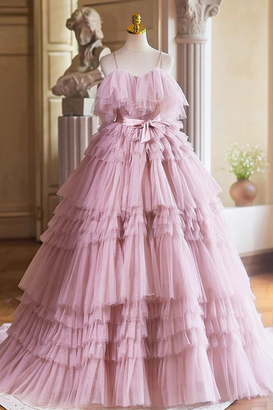 Pink Spaghetti Strap Ruffles Tulle Fairy Prom Dress A-Line Princess Evening Party Dress