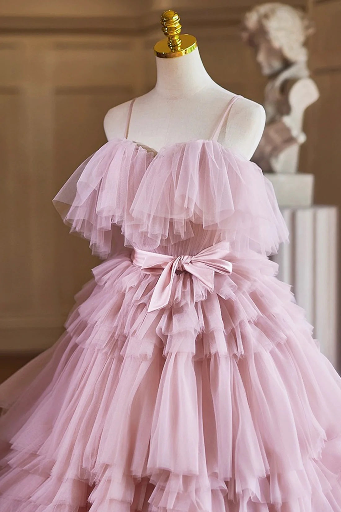 Pink Spaghetti Strap Ruffles Tulle Fairy Prom Dress A-Line Princess Evening Party Dress