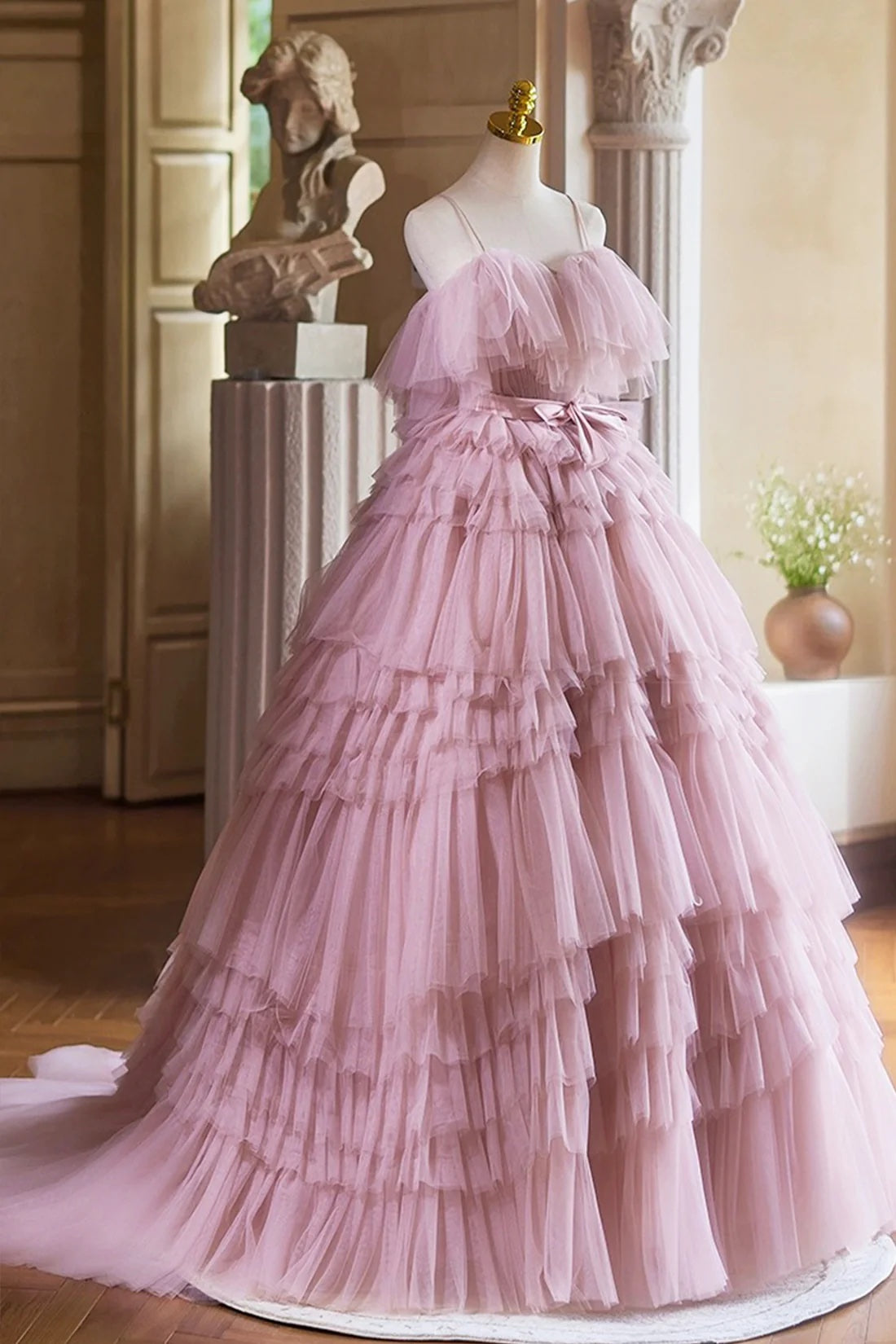 Pink Spaghetti Strap Ruffles Tulle Fairy Prom Dress A-Line Princess Evening Party Dress