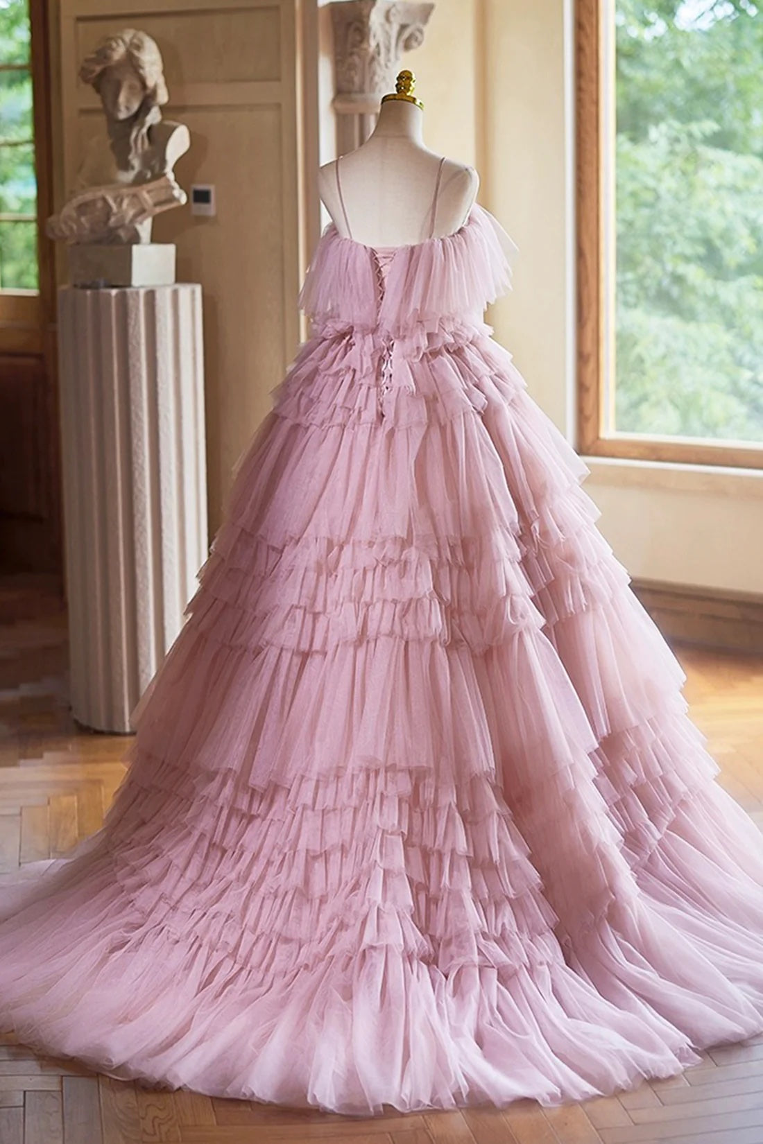 Pink Spaghetti Strap Ruffles Tulle Fairy Prom Dress A-Line Princess Evening Party Dress