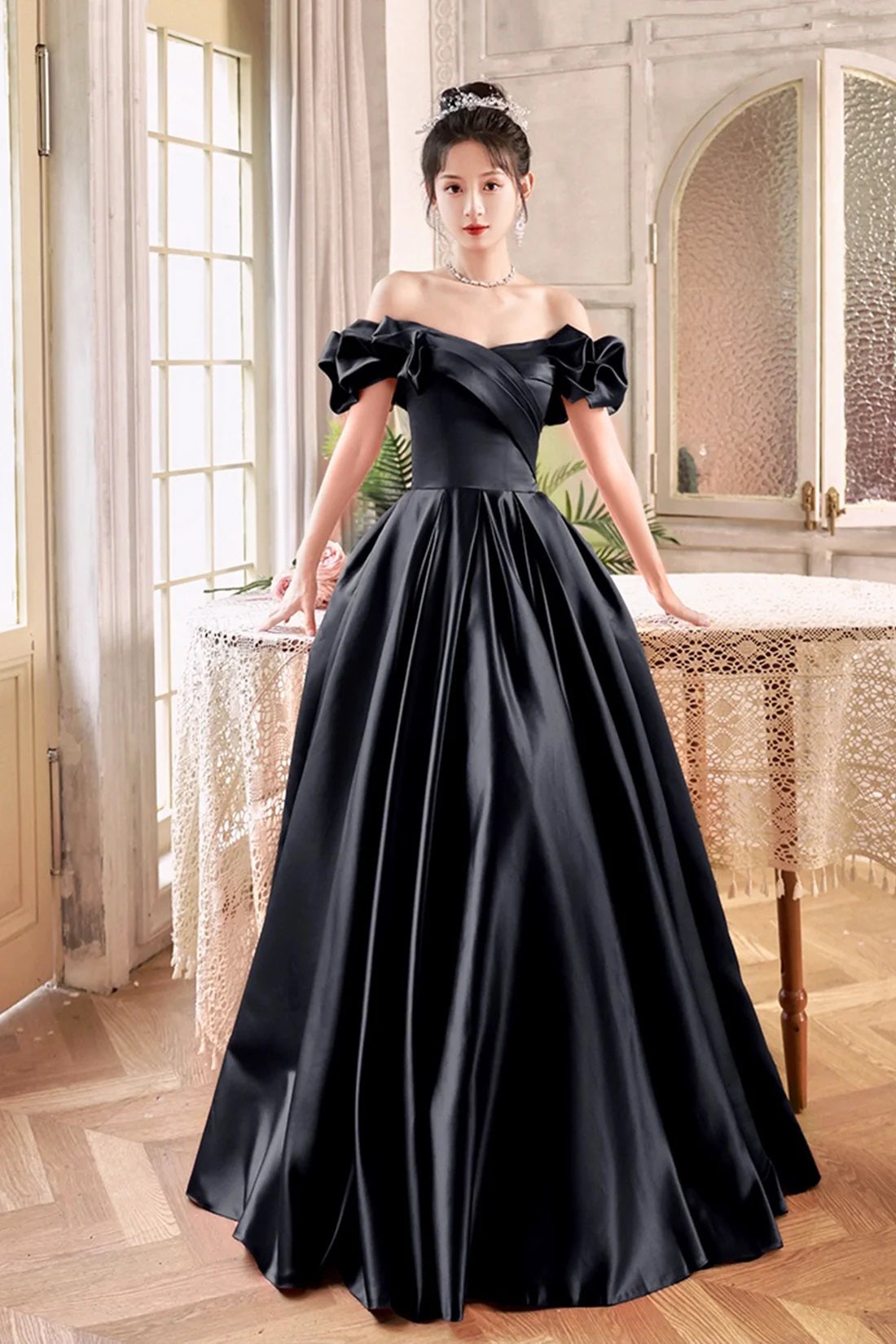 Black Satin Off the Shoulder A-Line Evening Formal Dress Black Women's Party Dress