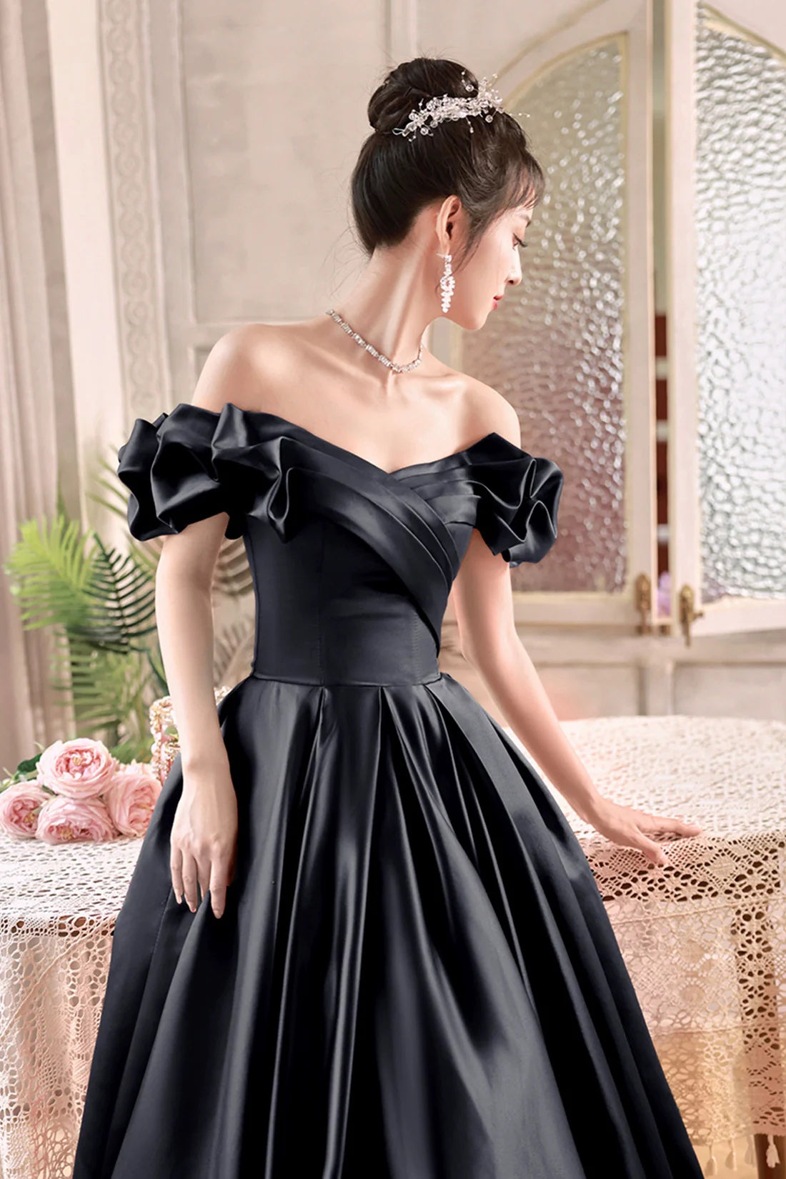 Black Satin Off the Shoulder A-Line Evening Formal Dress Black Women's Party Dress