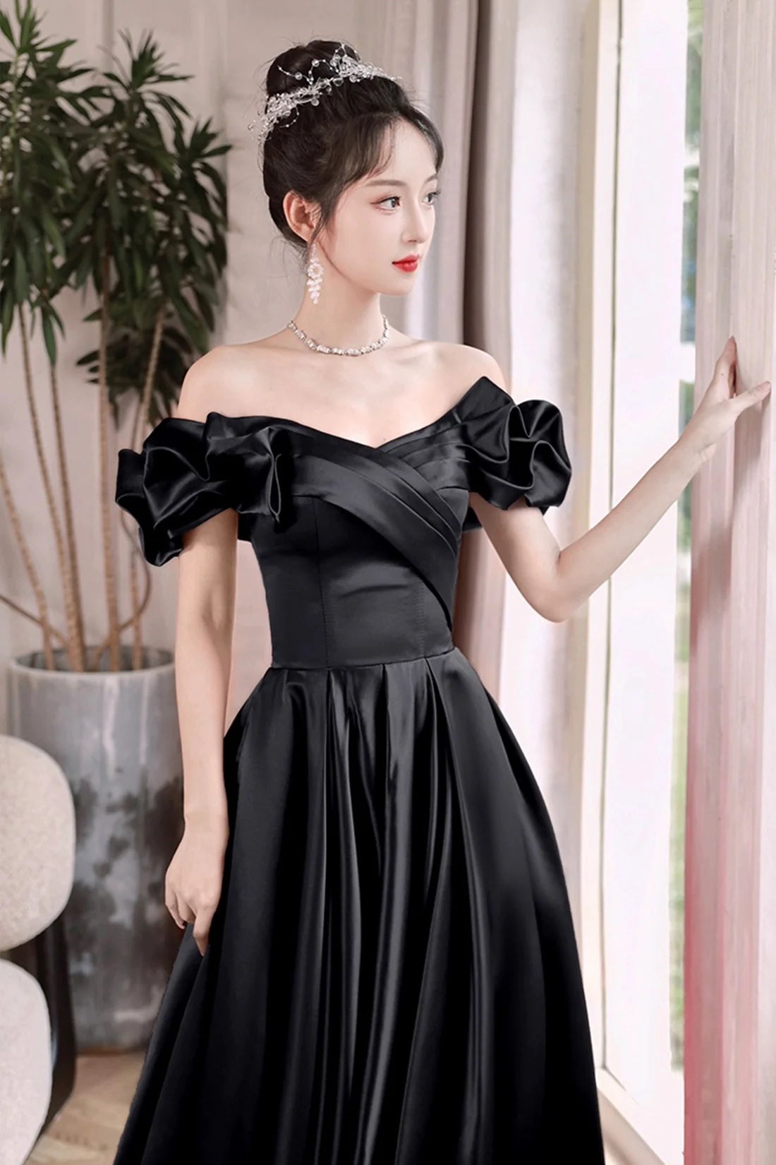 Black Satin Off the Shoulder A-Line Evening Formal Dress Black Women's Party Dress