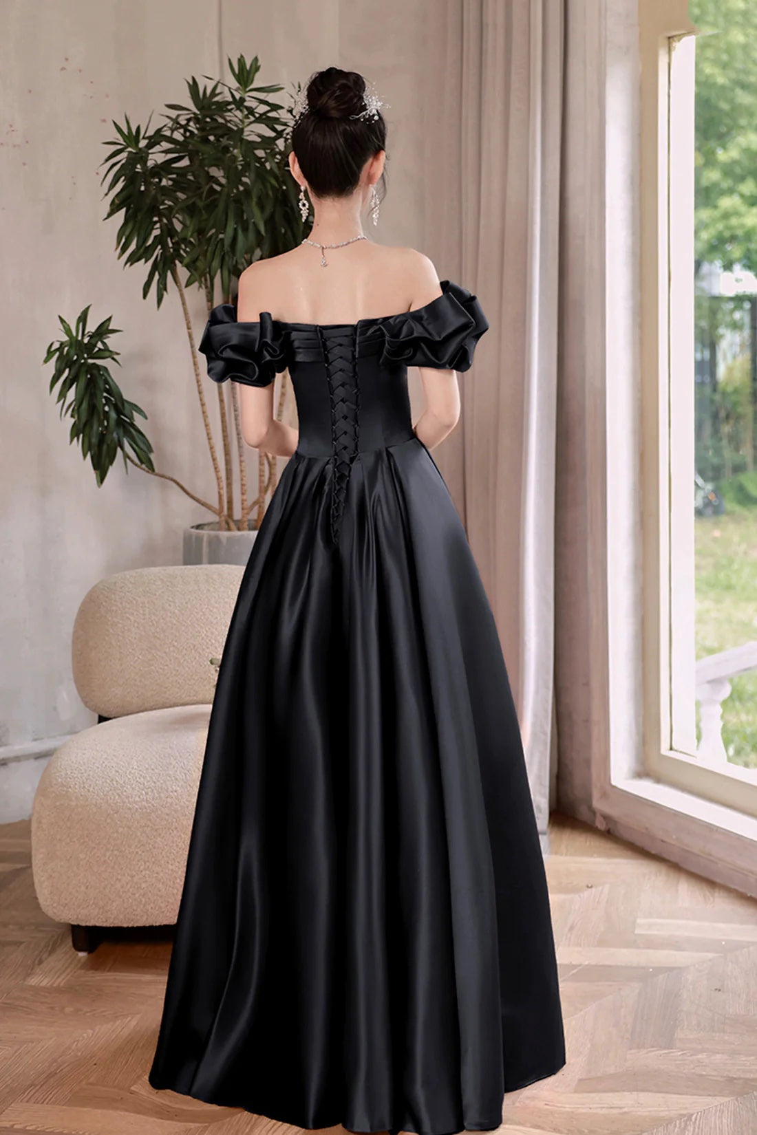 Black Satin Off the Shoulder A-Line Evening Formal Dress Black Women's Party Dress