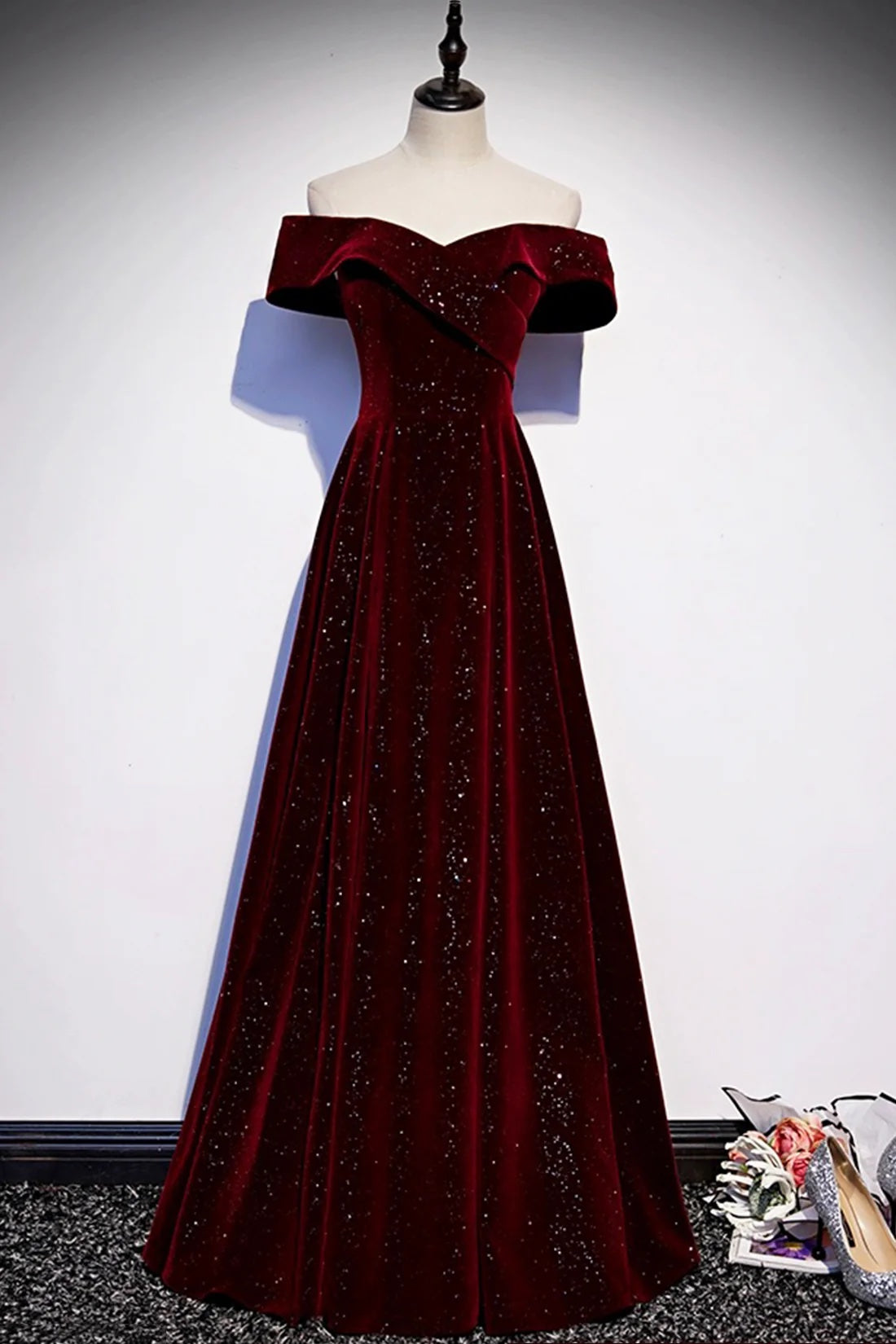 Fantasy Bling Burgundy Velvet Off Shoulder Prom Dress A-Line Special Occasion Dress