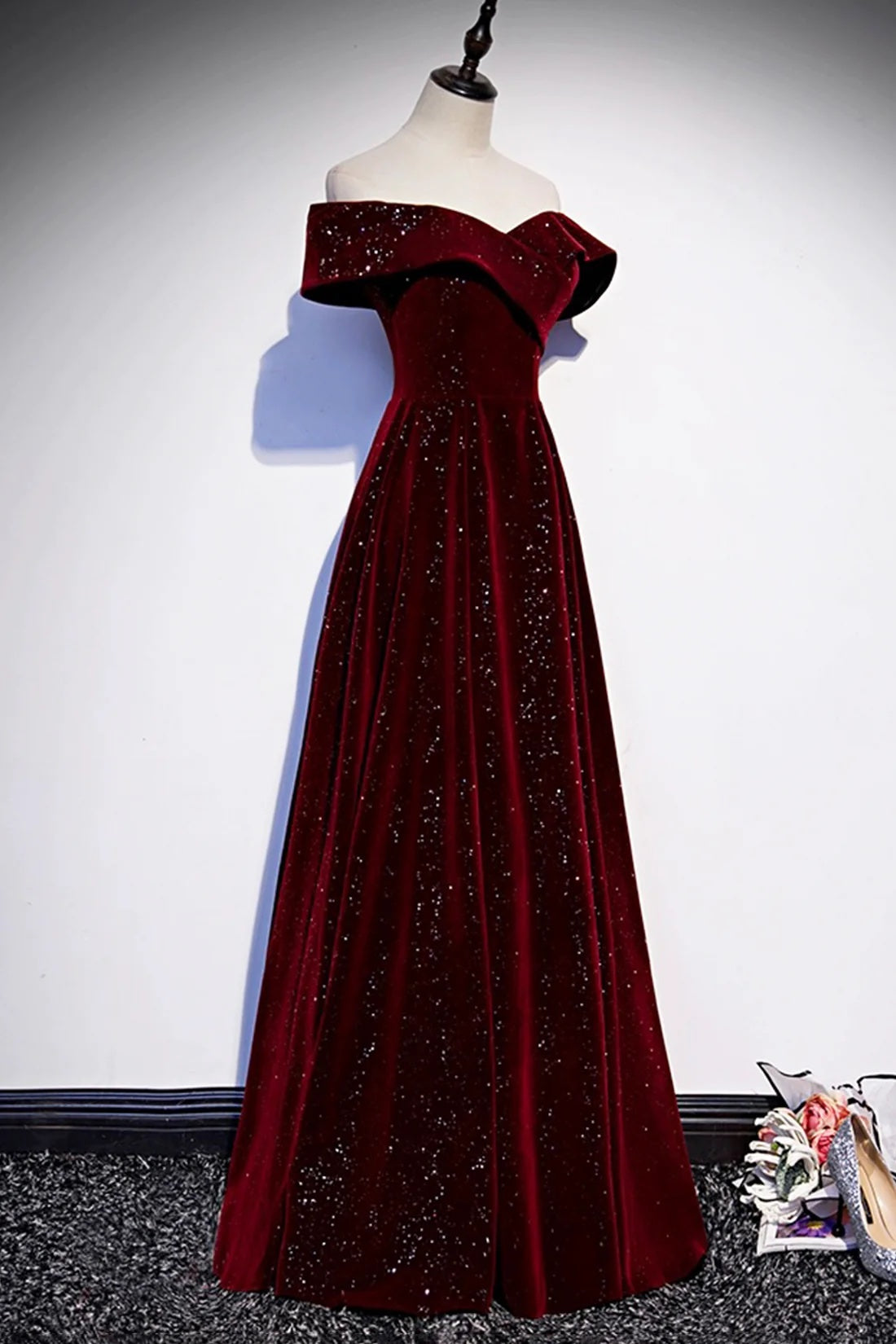 Fantasy Bling Burgundy Velvet Off Shoulder Prom Dress A-Line Special Occasion Dress