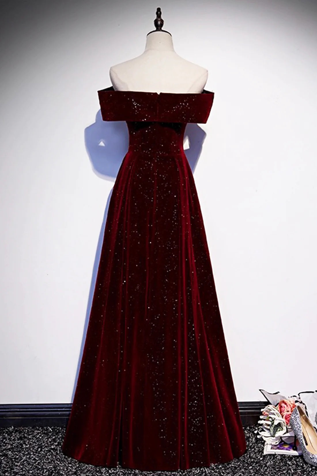 Fantasy Bling Burgundy Velvet Off Shoulder Prom Dress A-Line Special Occasion Dress