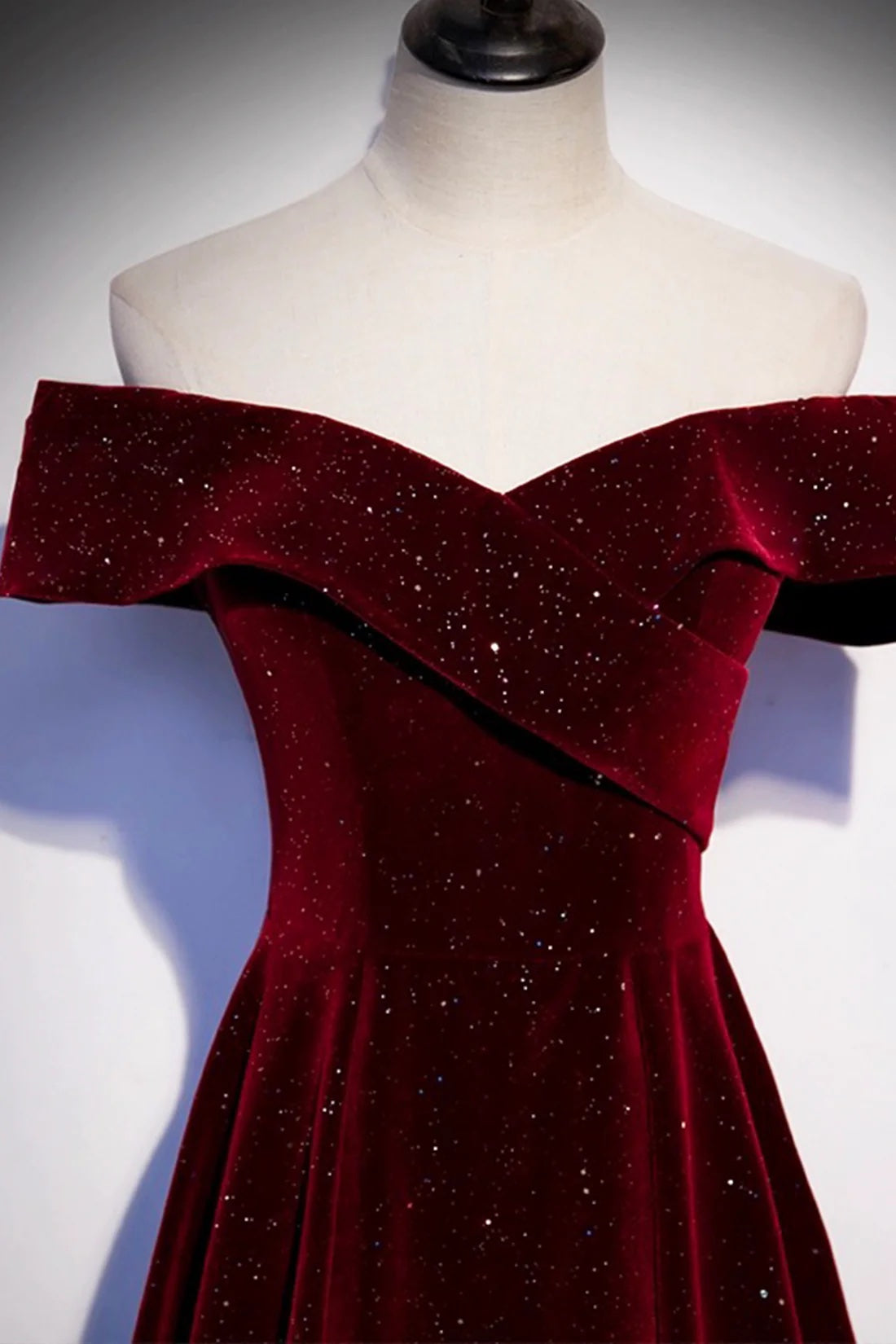 Fantasy Bling Burgundy Velvet Off Shoulder Prom Dress A-Line Special Occasion Dress