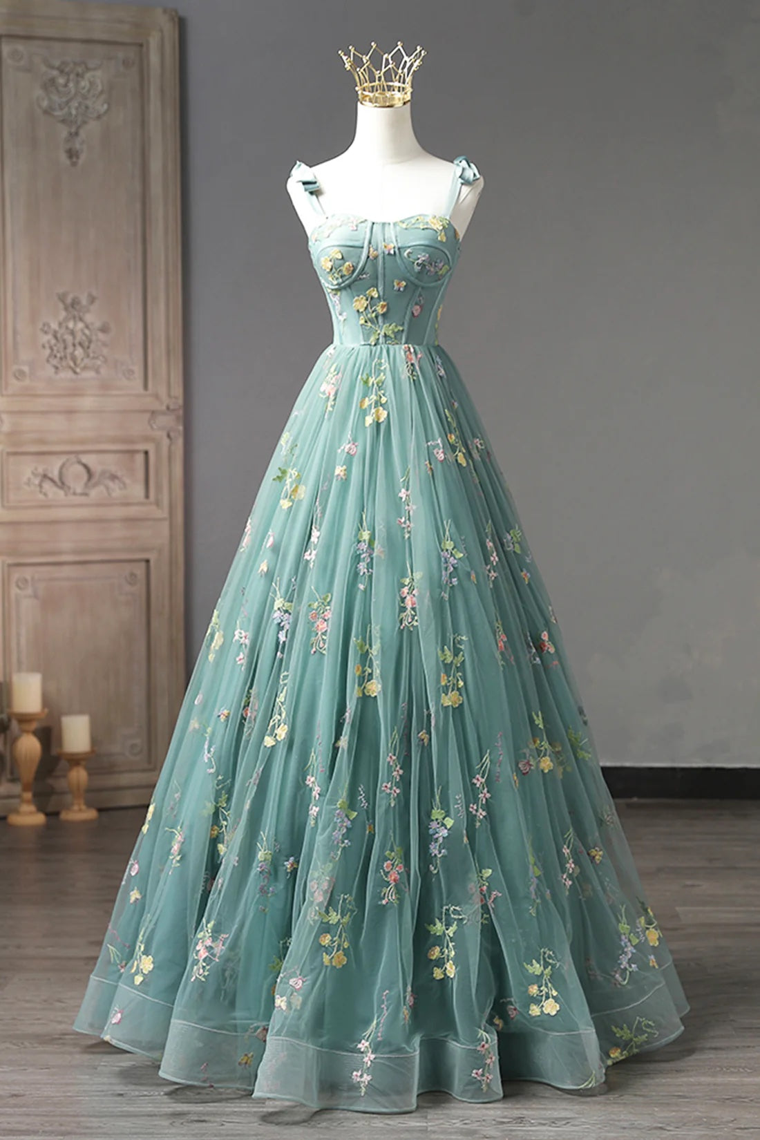 Lace Prom Dress Spaghetti Strap Princess Ball Gown Green Detachable Short Sleeve Party Dress