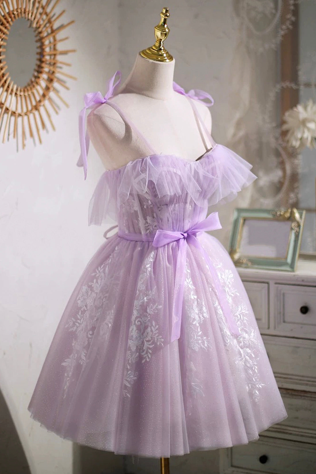 Gorgeous Purple Puffy Short Tulle Homecoming Dress Spaghetti Strap Purple Party Dress