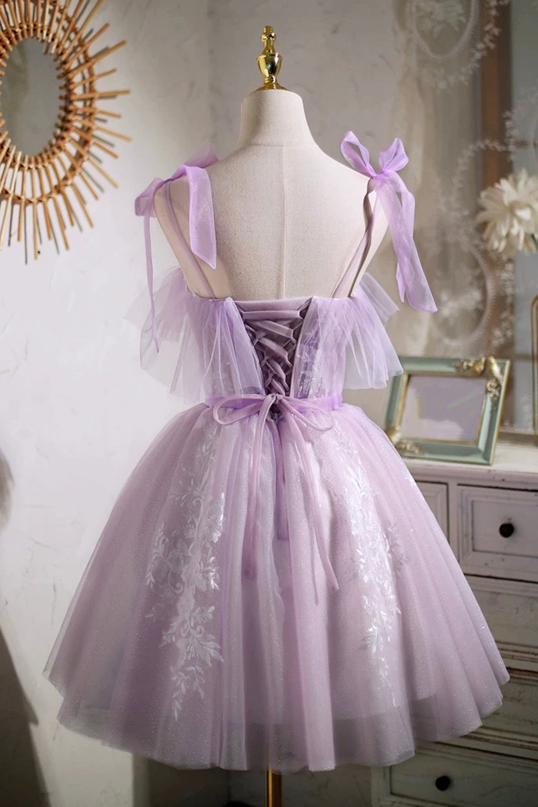 Gorgeous Purple Puffy Short Tulle Homecoming Dress Spaghetti Strap Purple Party Dress