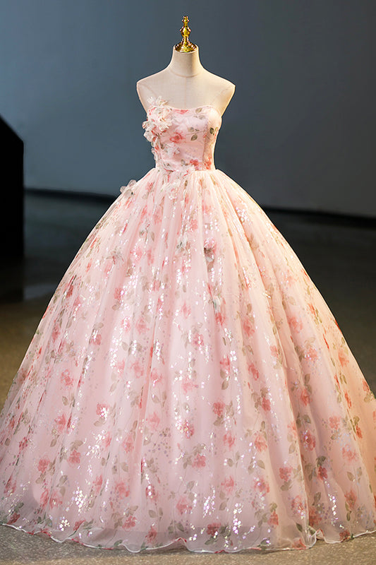 Princess Ball Gown Beautiful Floral Tulle Prom Graduation Dress A-Line Pink Floor Length Party Dress