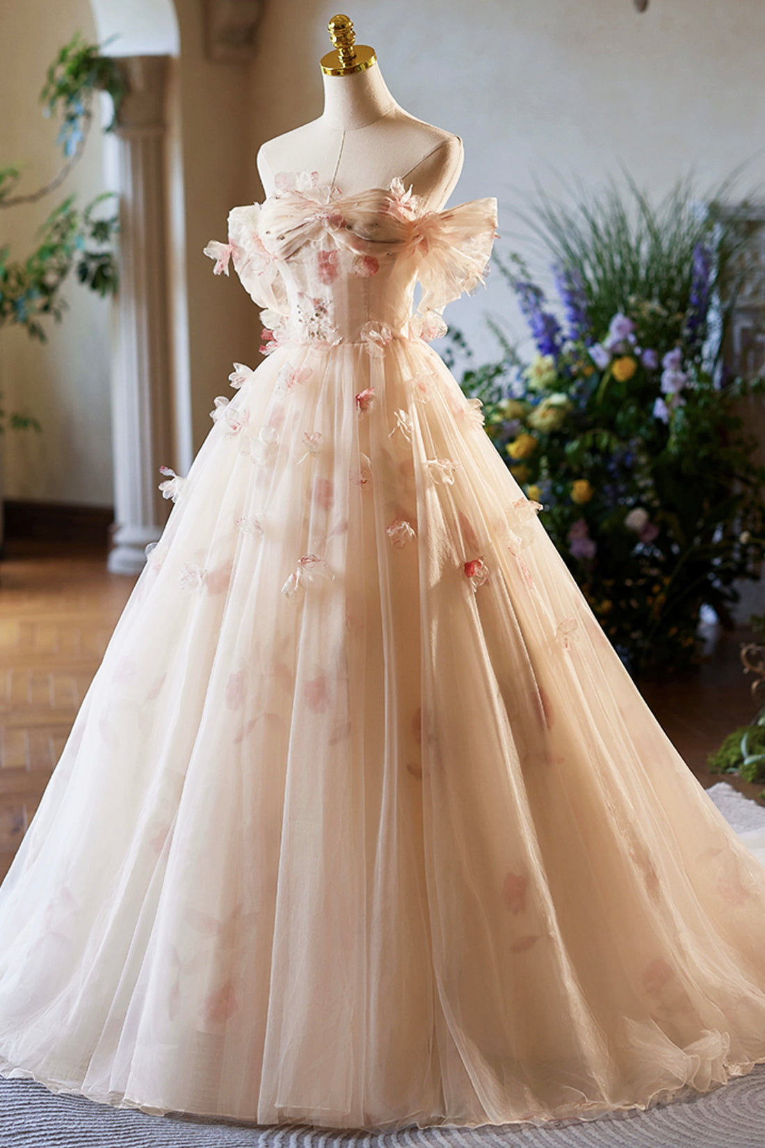 Tulle Floral Princess Ball Gown Formal Dress Off Shoulder 3D Flowers Women's Party Dress