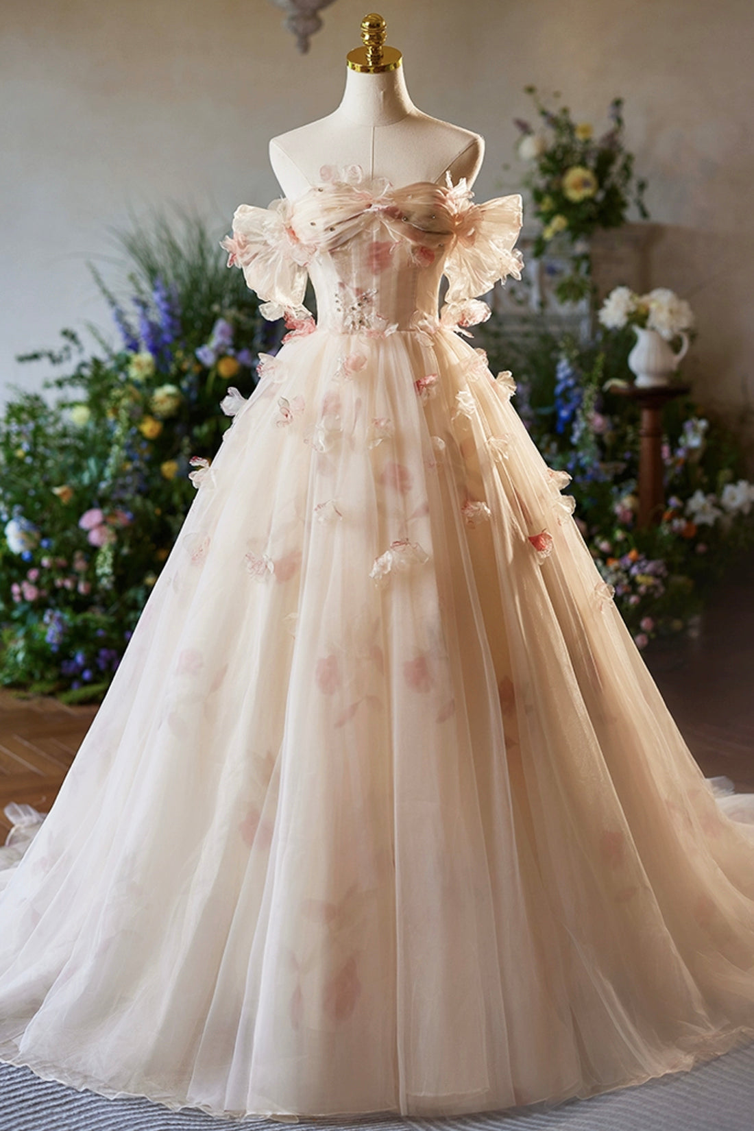 Tulle Floral Princess Ball Gown Formal Dress Off Shoulder 3D Flowers Women's Party Dress