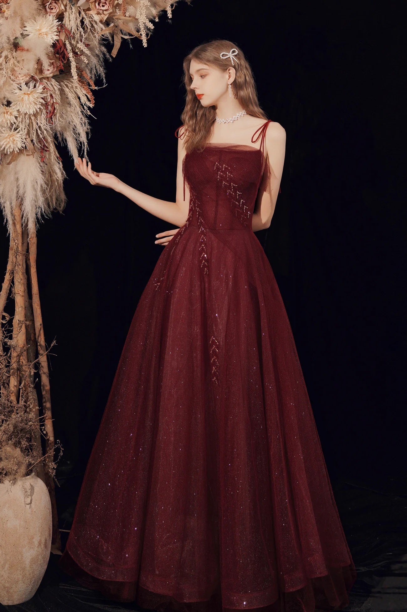 Burgundy Evening Dress A-Line Beading Sequins Tulle Spaghetti Straps Floor Length Evening Party Formal Dress