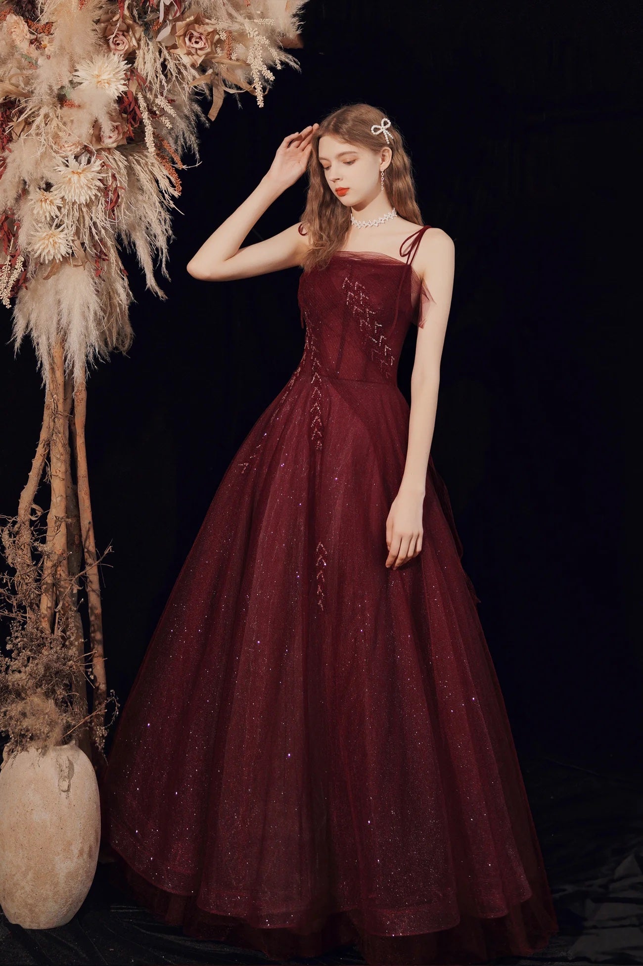 Burgundy Evening Dress A-Line Beading Sequins Tulle Spaghetti Straps Floor Length Evening Party Formal Dress