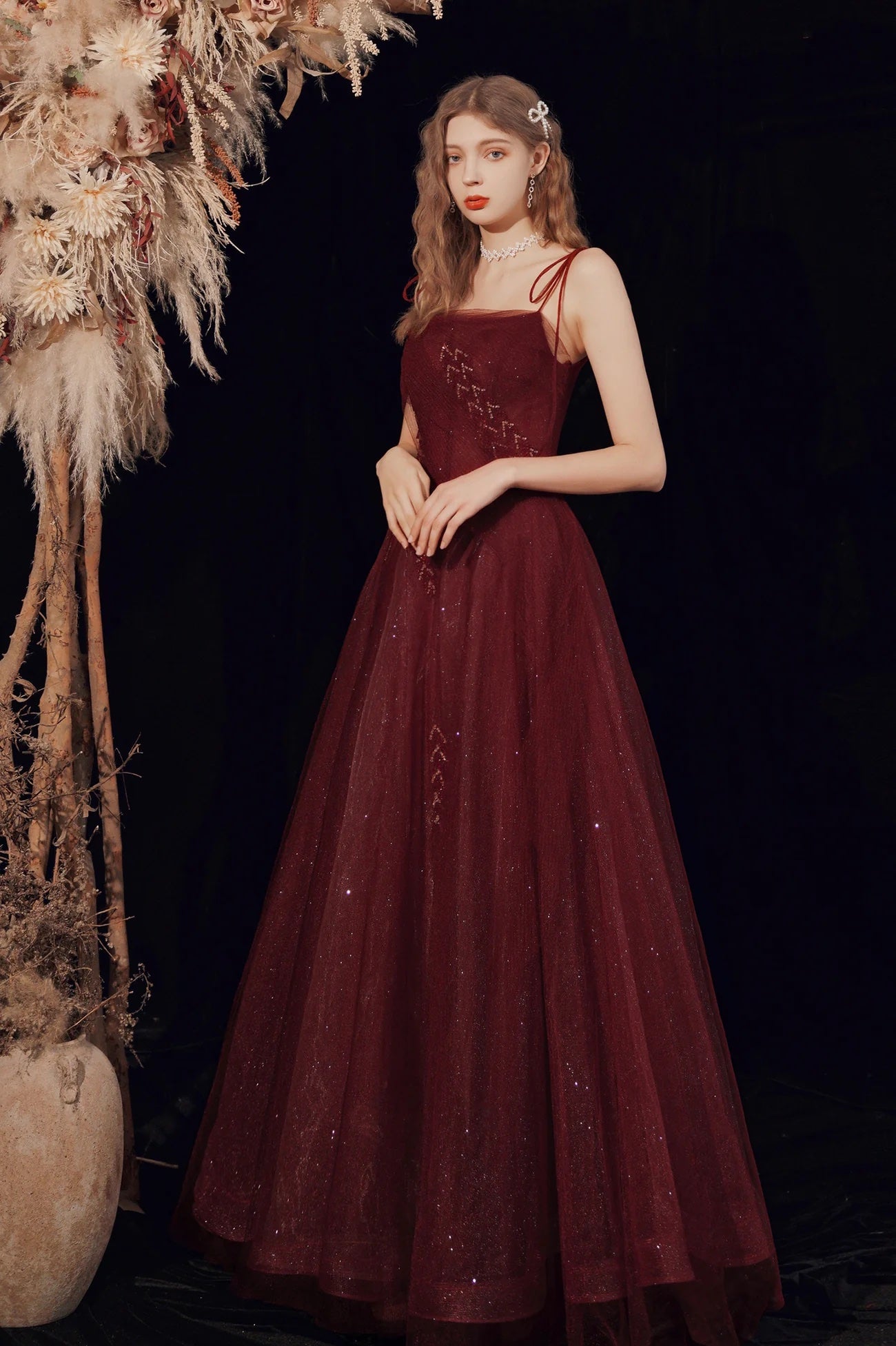 Burgundy Evening Dress A-Line Beading Sequins Tulle Spaghetti Straps Floor Length Evening Party Formal Dress