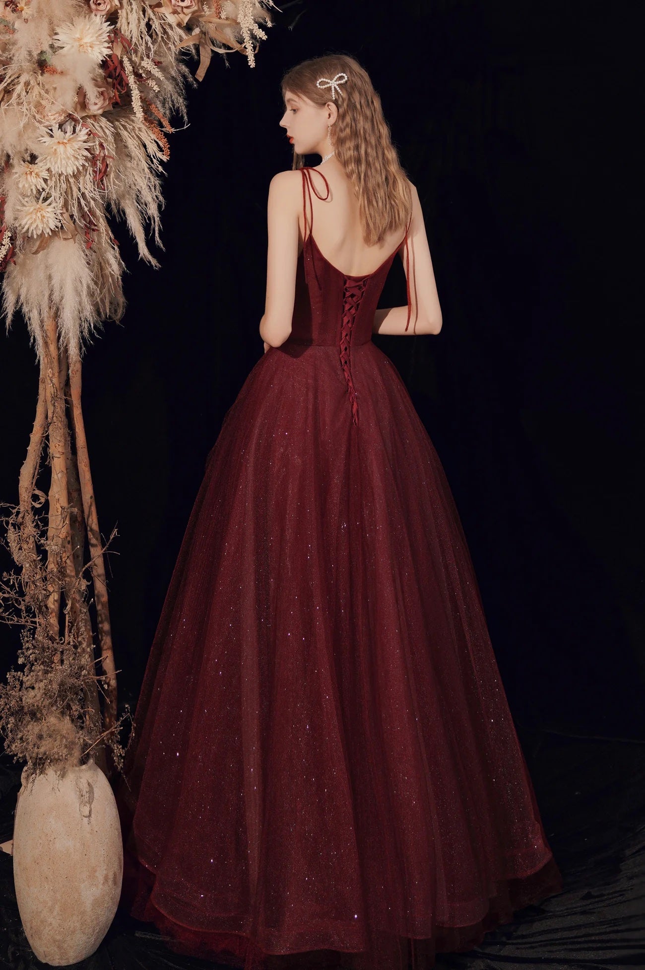 Burgundy Evening Dress A-Line Beading Sequins Tulle Spaghetti Straps Floor Length Evening Party Formal Dress