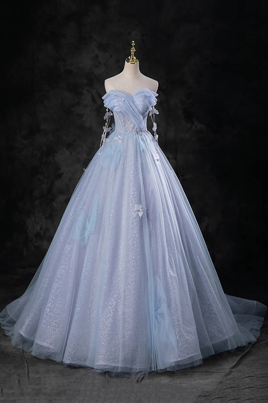 Blue Sparkly Tulle Princess Prom Dress Off Shoulder 3D Flowers Women's Party Dress