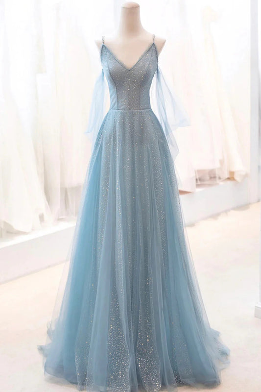 Blue Spaghetti Strap Tulle Long Prom Dress A Line V-Neck Evening Party Dress