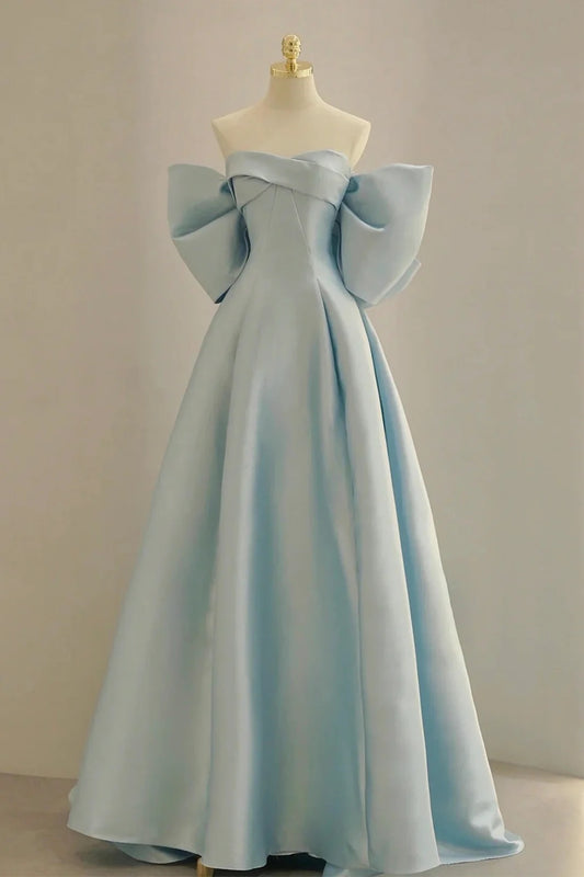 Charming Light Blue Satin Back Big Bow A-Line Evening Formal Dress Women's Party Dress