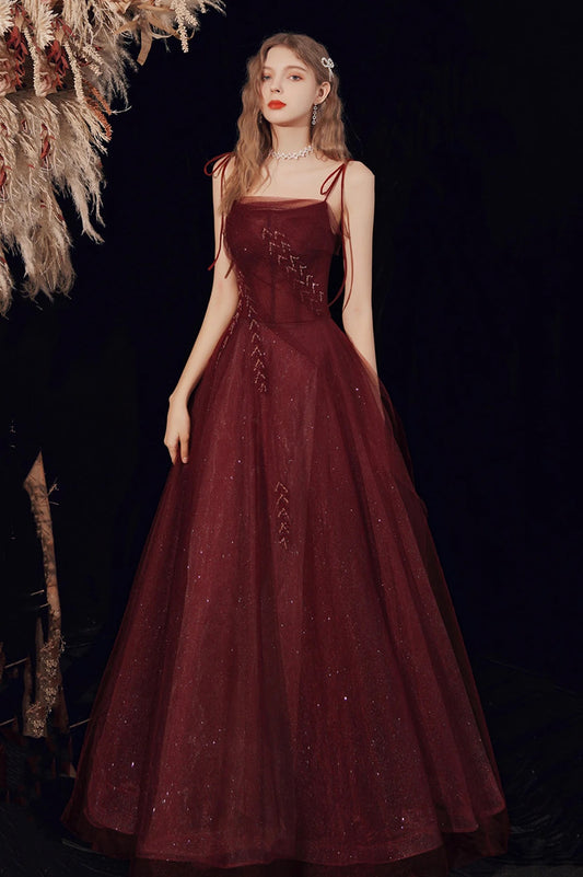 Burgundy Evening Dress A-Line Beading Sequins Tulle Spaghetti Straps Floor Length Evening Party Formal Dress