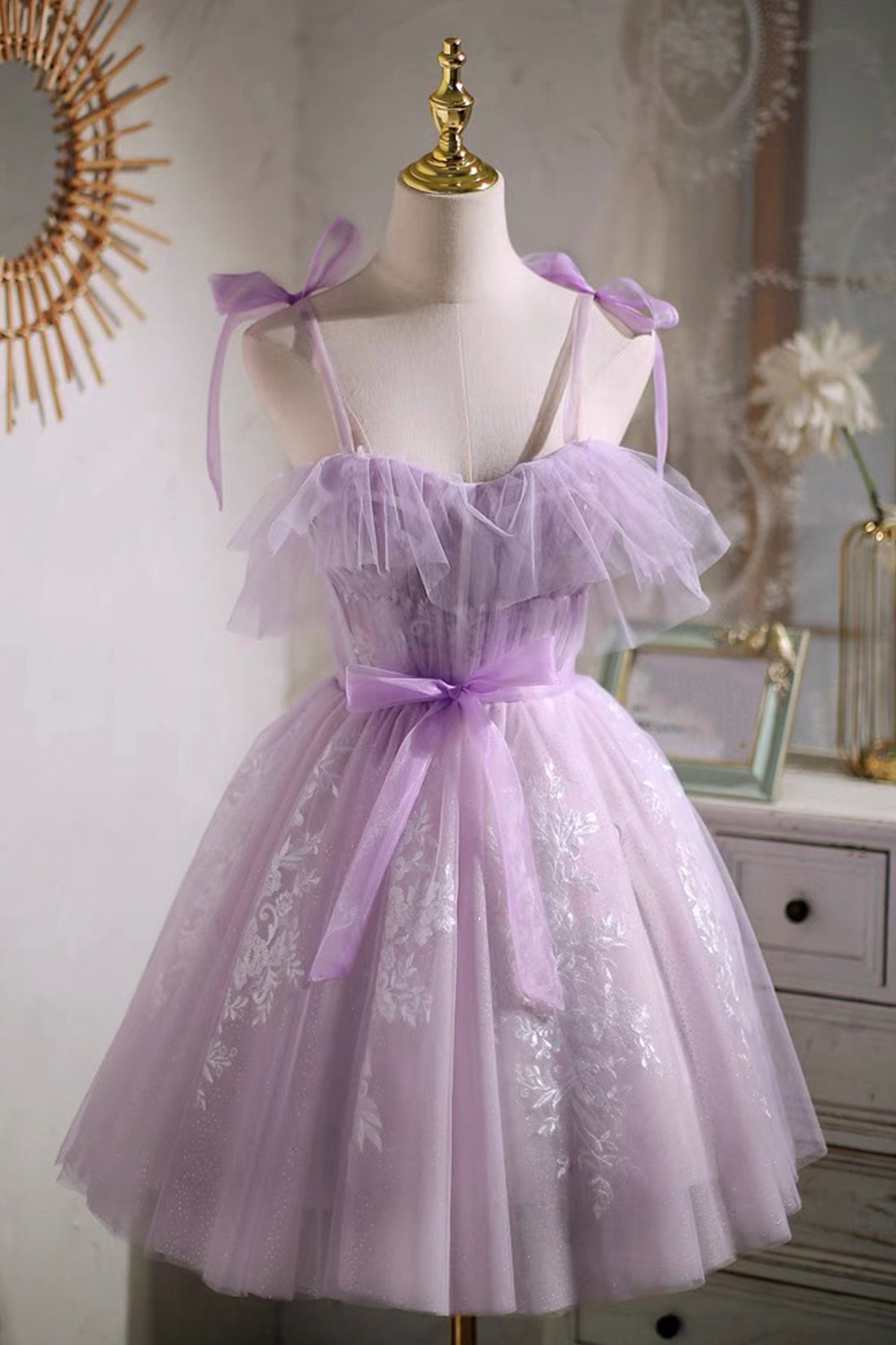 Gorgeous Purple Puffy Short Tulle Homecoming Dress Spaghetti Strap Purple Party Dress