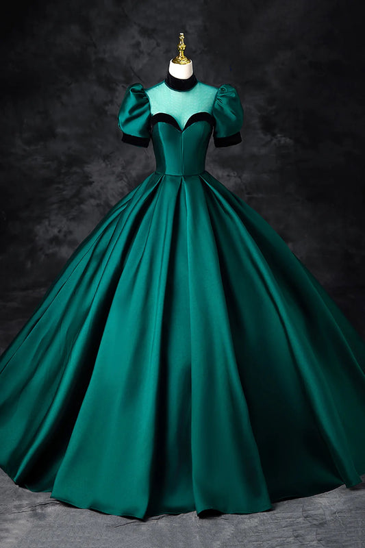 Elegant Dark Green Satin Prom Dresses High Neck Short Sleeve A-Line Floor-Length Prom Formal