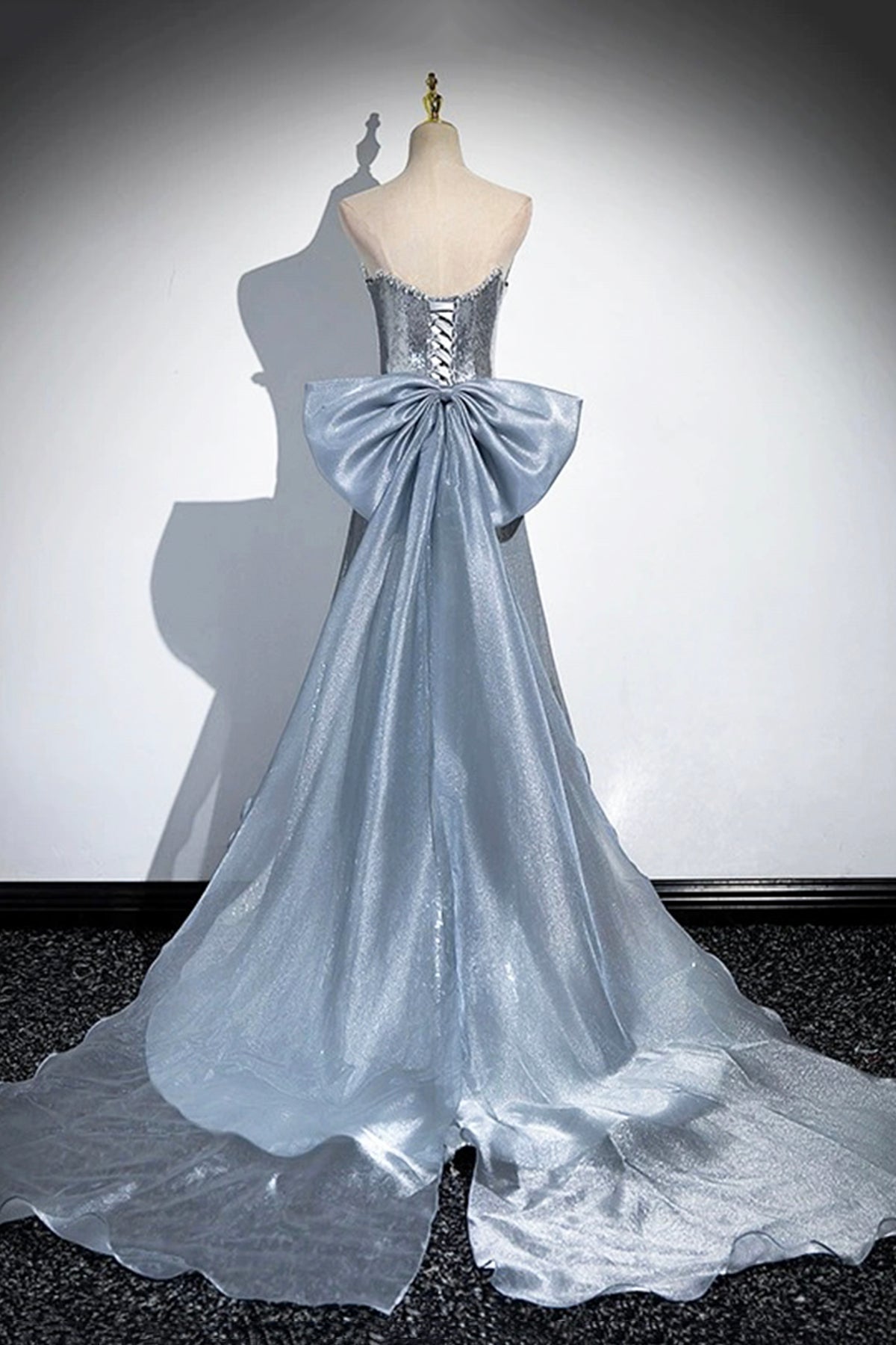 Silver Sequins Formal Party Dress Strapless Beading Detachable Bow Special Occasion Dress