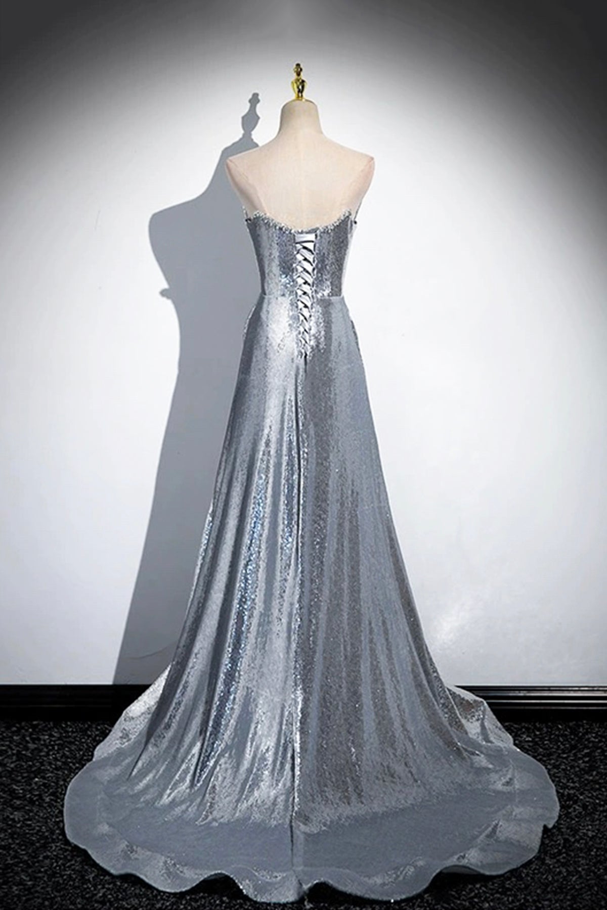 Silver Sequins Formal Party Dress Strapless Beading Detachable Bow Special Occasion Dress