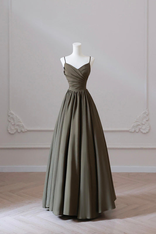 Olive Green V Neck Satin Floor Length Prom Dress A-Line Special Occasion Dress Party Dress