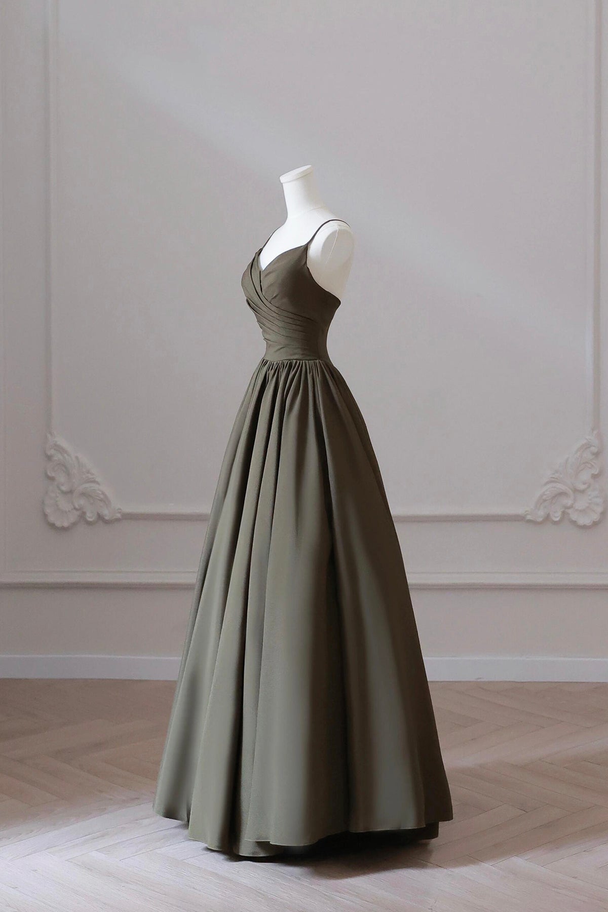 Olive Green V Neck Satin Floor Length Prom Dress A-Line Special Occasion Dress Party Dress