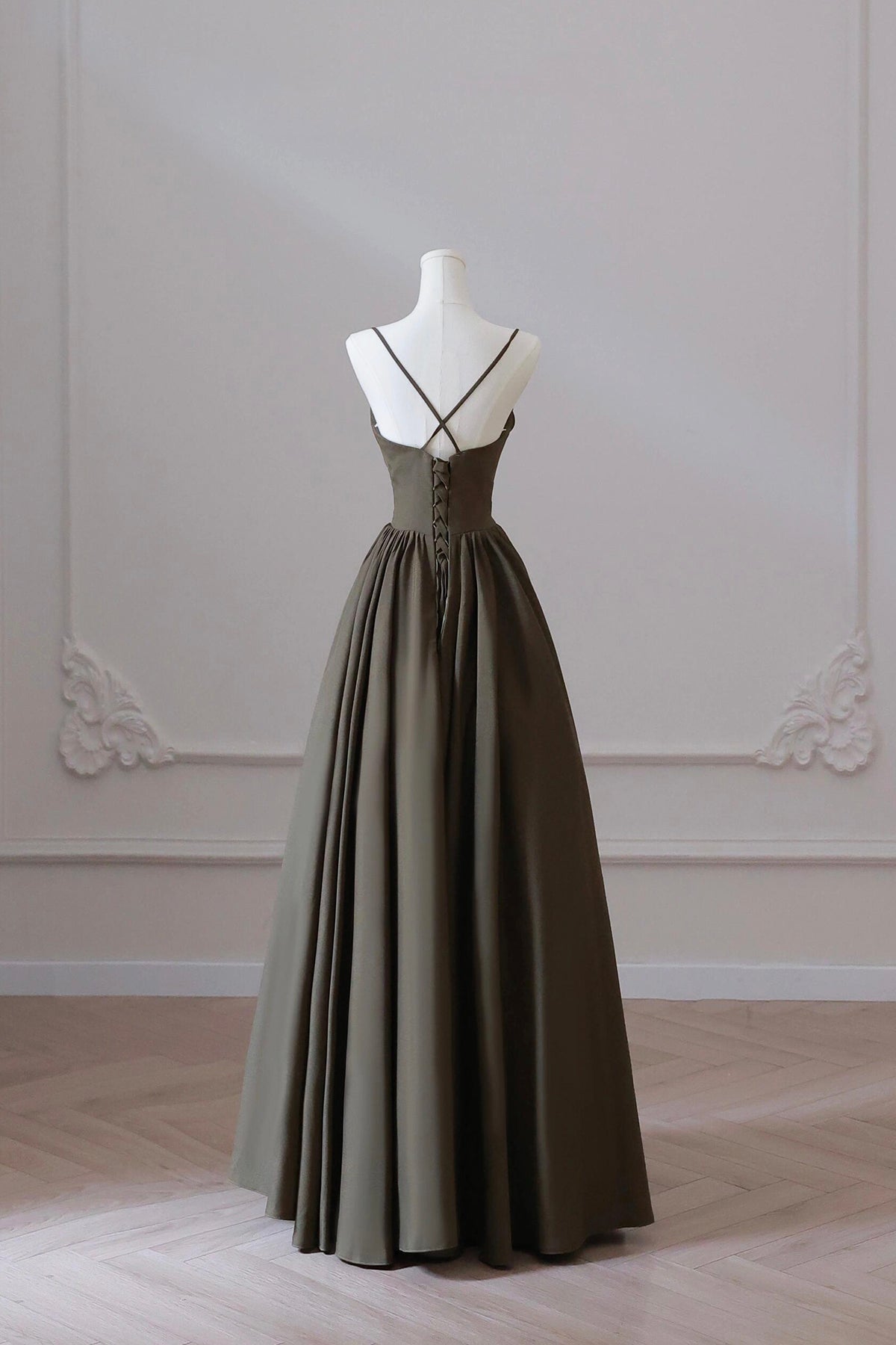 Olive Green V Neck Satin Floor Length Prom Dress A-Line Special Occasion Dress Party Dress