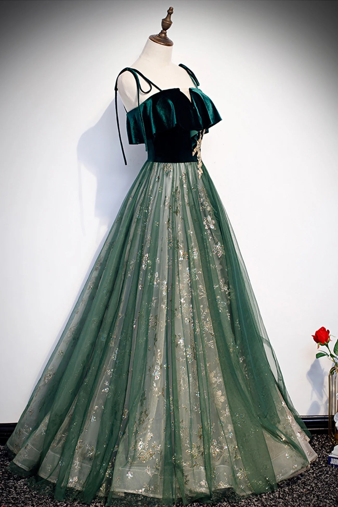 Green Tulle and Sparkly Sequins Long Prom Dress with Straps Women's Party Dress