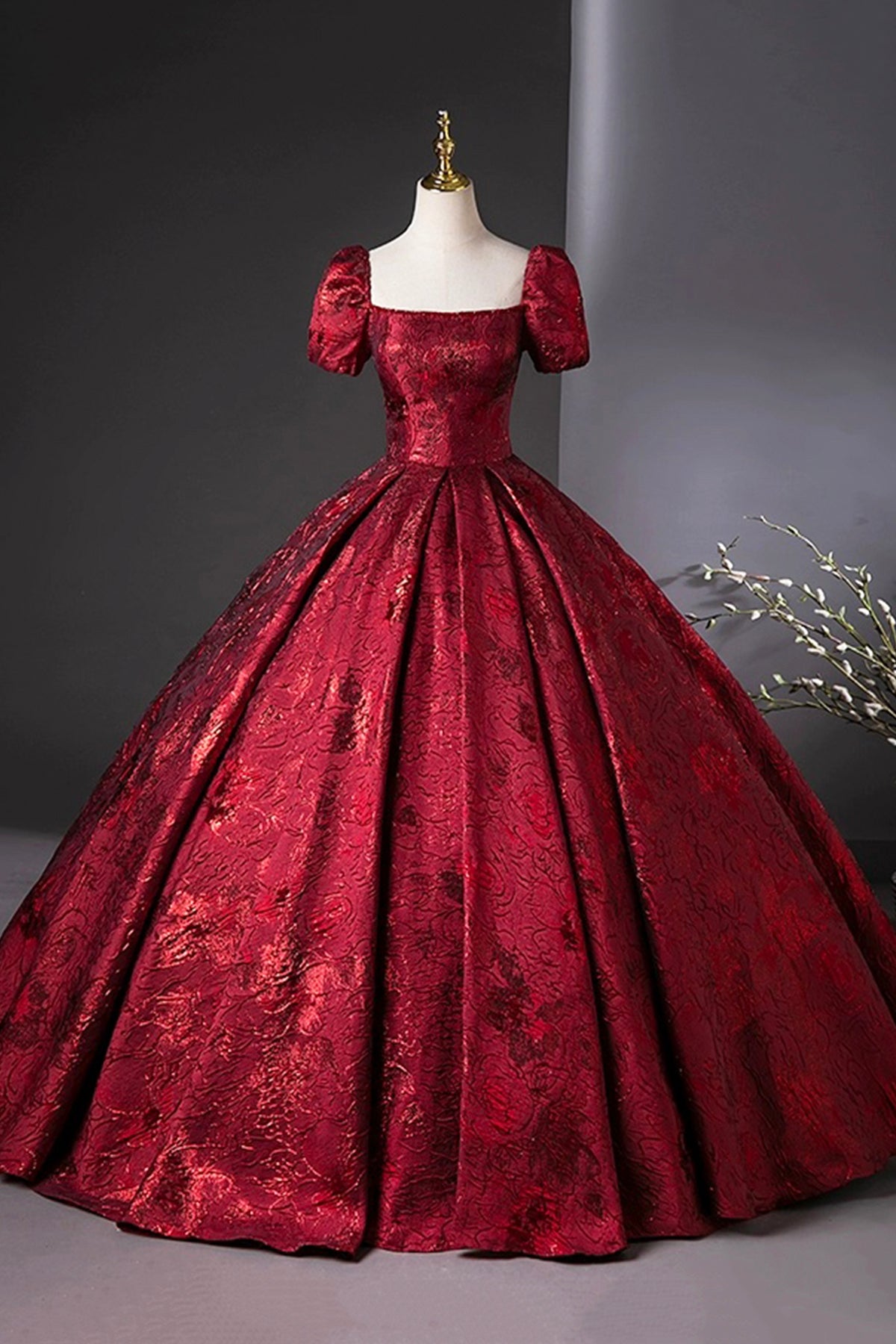 Ball Gown Burgundy Printing Formal Dress Elegant A-Line Square Neckline Short Sleeve Backless Floor-Length Prom Dress