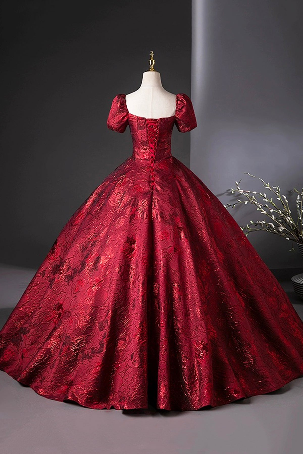 Ball Gown Burgundy Printing Formal Dress Elegant A-Line Square Neckline Short Sleeve Backless Floor-Length Prom Dress