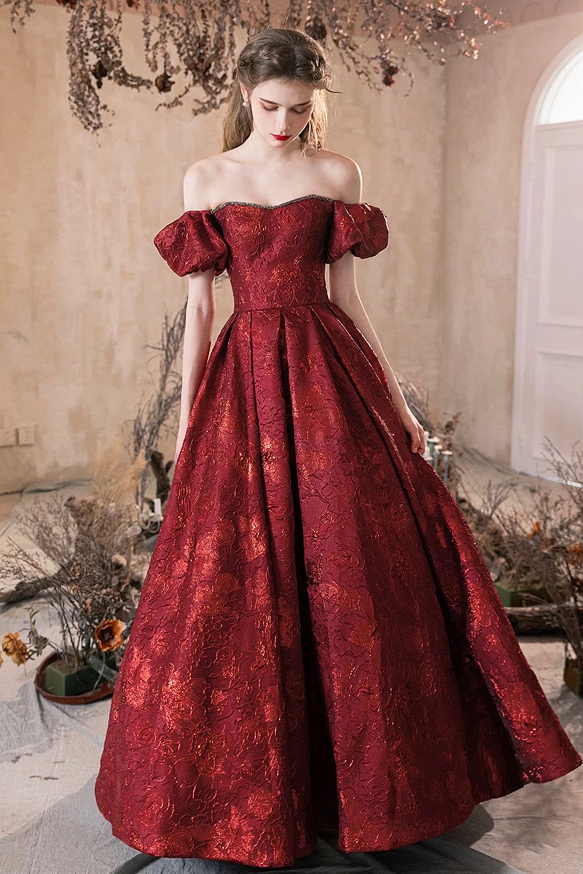 Romantic Burgundy Printing Backless Prom Dress A-Line Off Shoulder Floor-Length Formal Dress