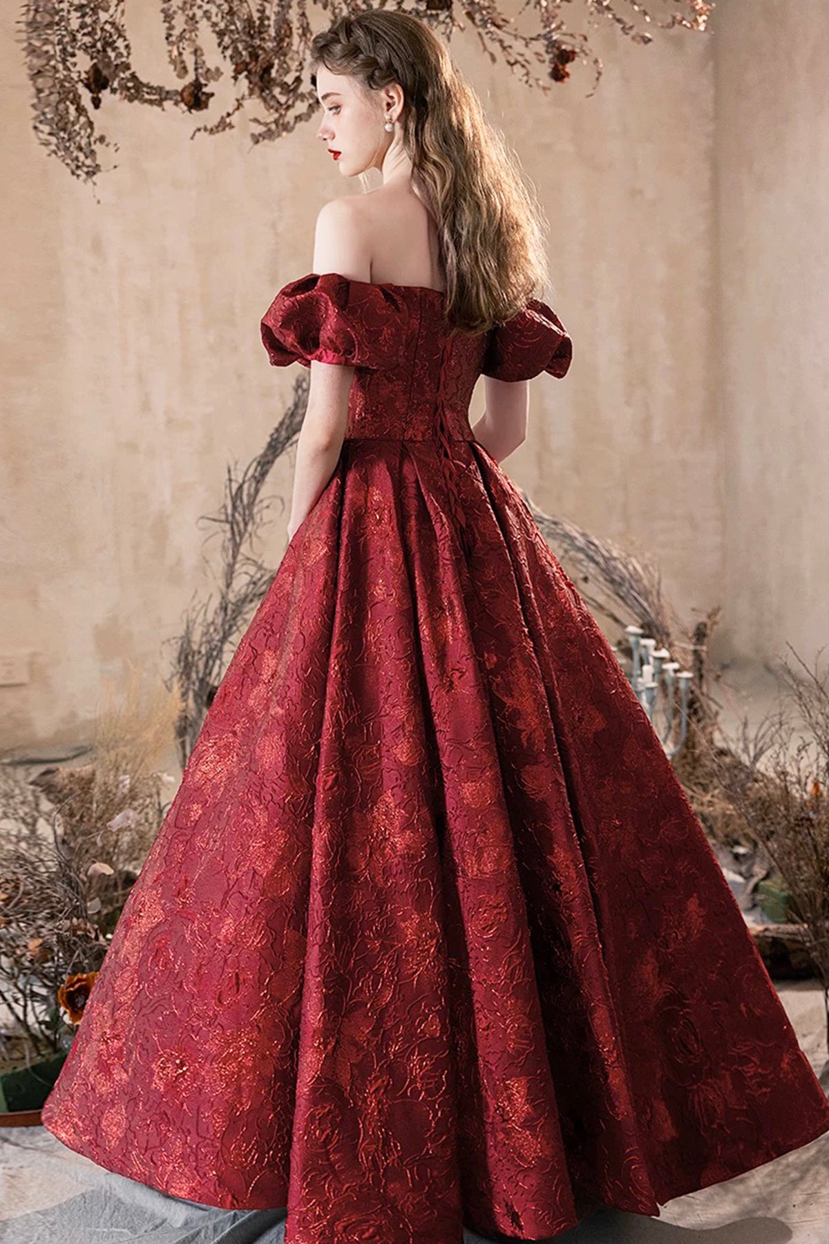 Romantic Burgundy Printing Backless Prom Dress A-Line Off Shoulder Floor-Length Formal Dress