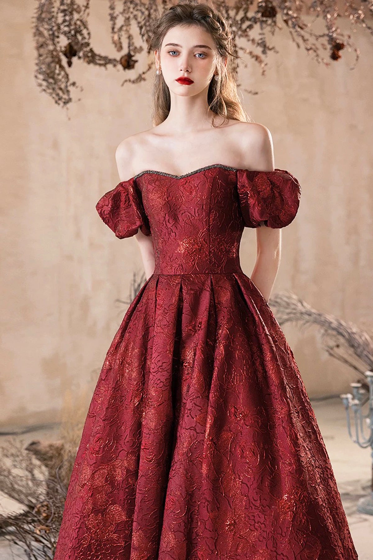 Romantic Burgundy Printing Backless Prom Dress A-Line Off Shoulder Floor-Length Formal Dress