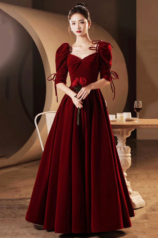 Wine Red Velvet Bodice Spaghetti Straps Corset Long Formal Evening Prom Dress 1/2 Sleeve Women Party Dress