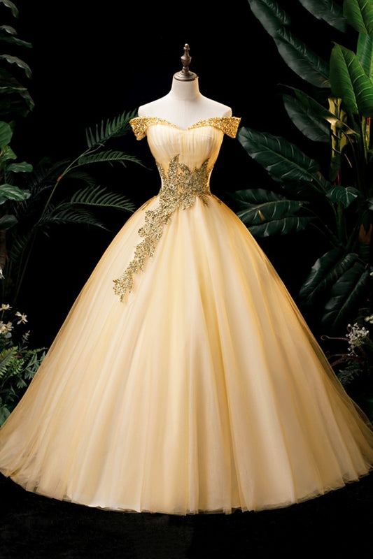 Luxury Gold Princess Formal Evening Dress A-Line Strapless Sweet 16 Birthday Party Gown