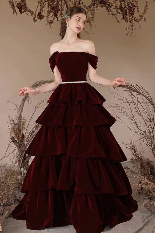 Evening Dress A Line Off Shoulder Velvet Layers Burgundy Long Prom Dress Women's Party Dress