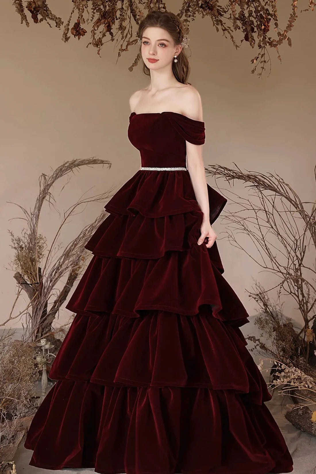 Evening Dress A Line Off Shoulder Velvet Layers Burgundy Long Prom Dress Women's Party Dress