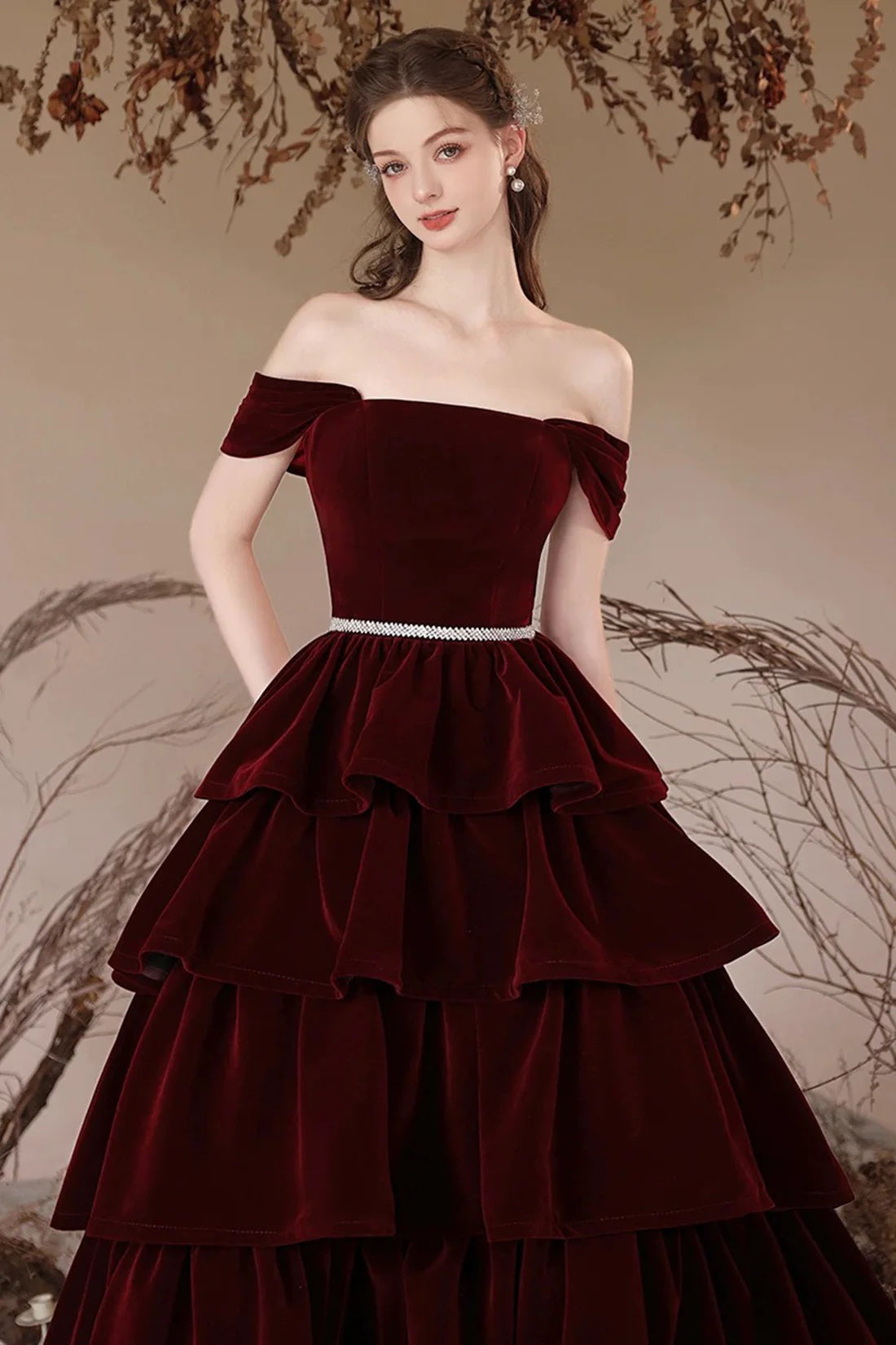 Evening Dress A Line Off Shoulder Velvet Layers Burgundy Long Prom Dress Women's Party Dress