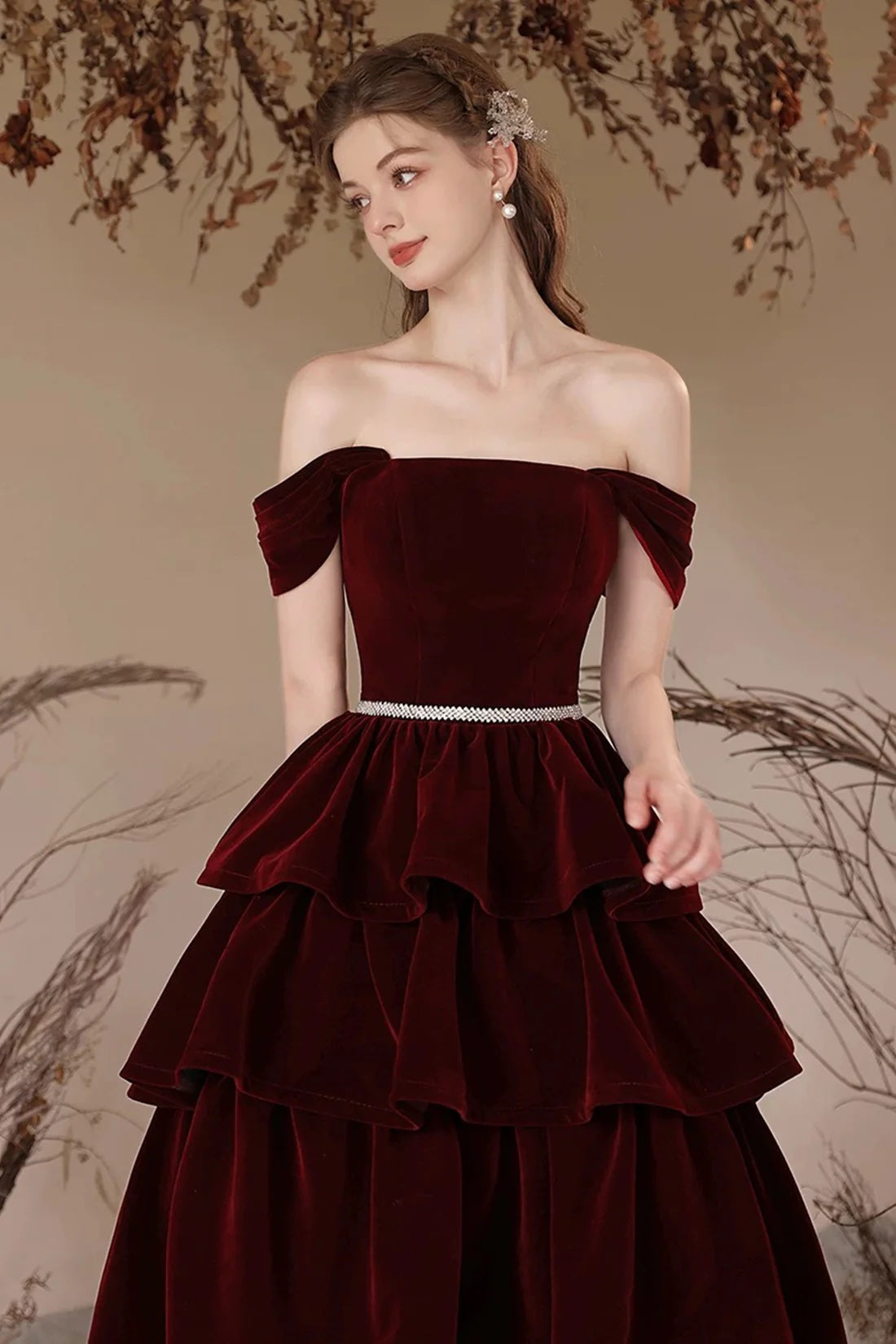 Evening Dress A Line Off Shoulder Velvet Layers Burgundy Long Prom Dress Women's Party Dress