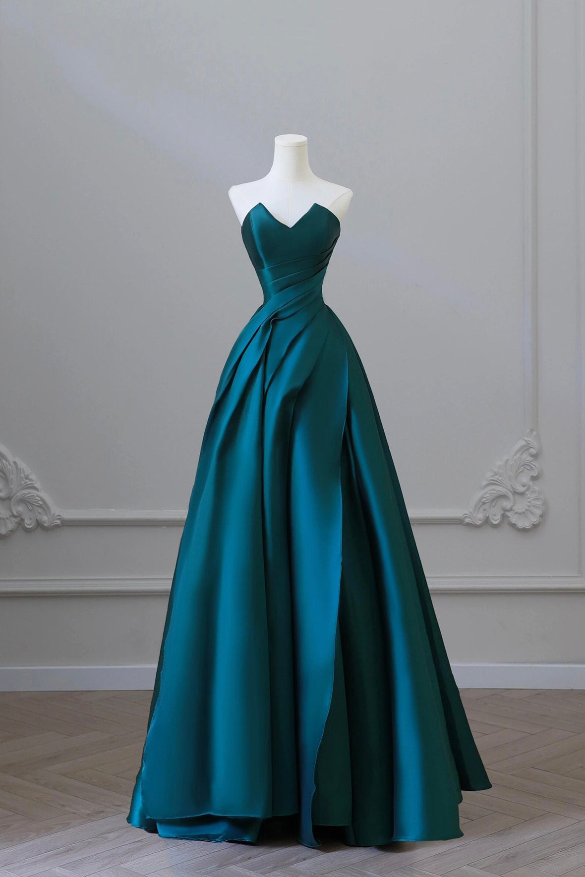 Simple Blue Satin Pleated Long Party Dress A-Line Strapless Prom Dress with Slit